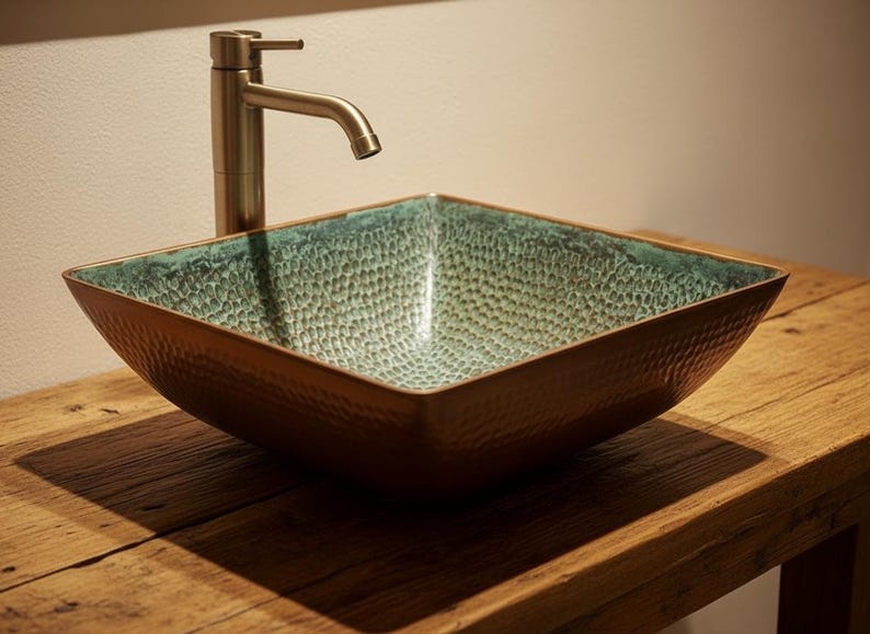 Square Hammered Copper Vessel Sink with Verdigris Interior