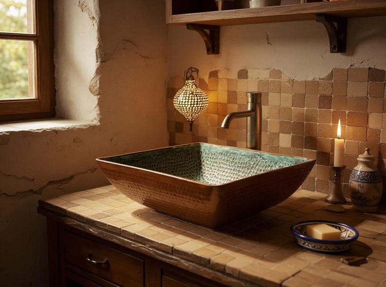 Square Hammered Copper Vessel Sink with Verdigris Interior