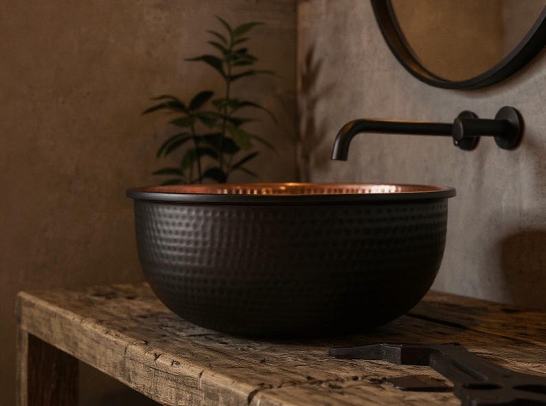 Handmade Black Hammered Copper Vessel Sink