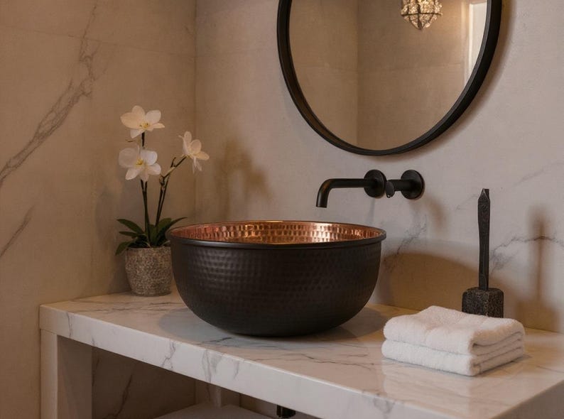 Handmade Black Hammered Copper Vessel Sink