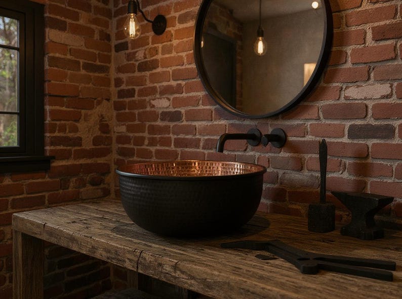 Handmade Black Hammered Copper Vessel Sink