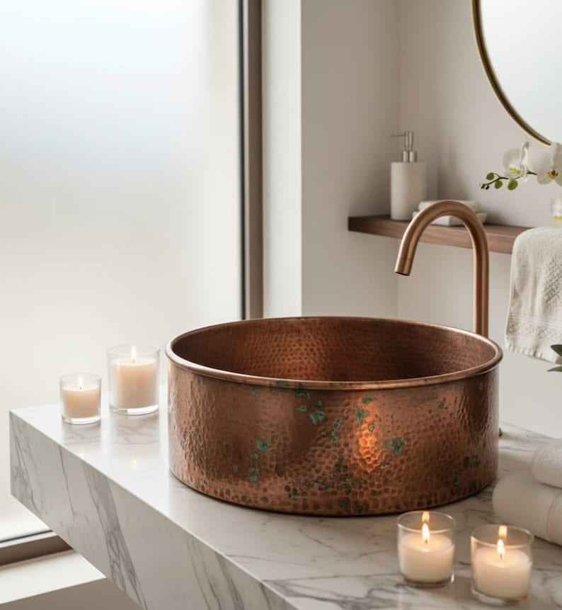 Hammered Copper Cylinder Vessel Sink