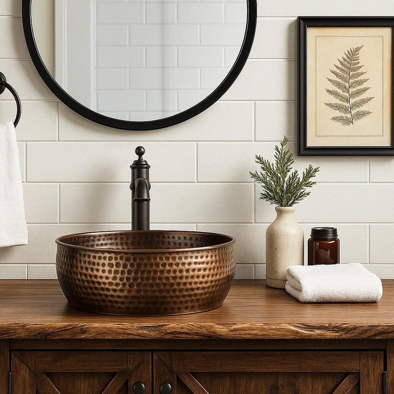 Hammered Copper Cylinder Vessel Sink