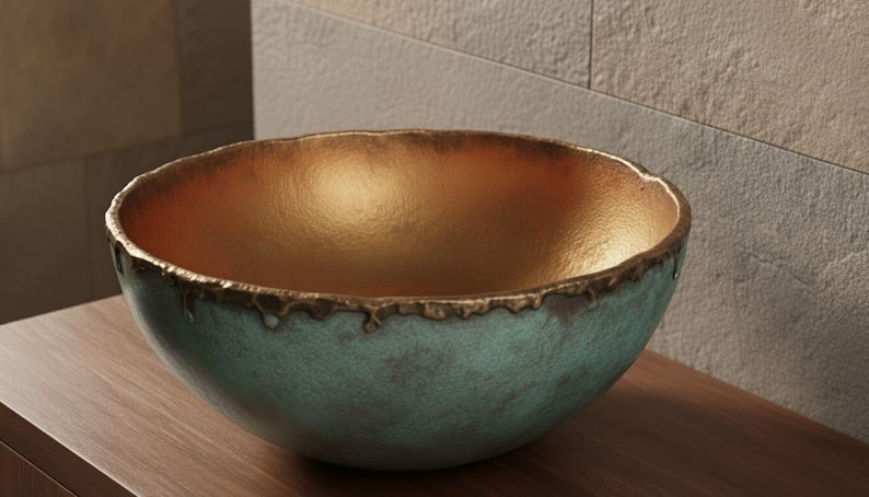 Verdigris Copper Vessel Sink with Gilded Interior