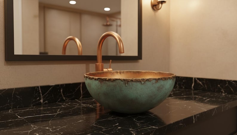 Verdigris Copper Vessel Sink with Gilded Interior