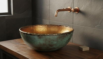 Verdigris Copper Vessel Sink with Gilded Interior