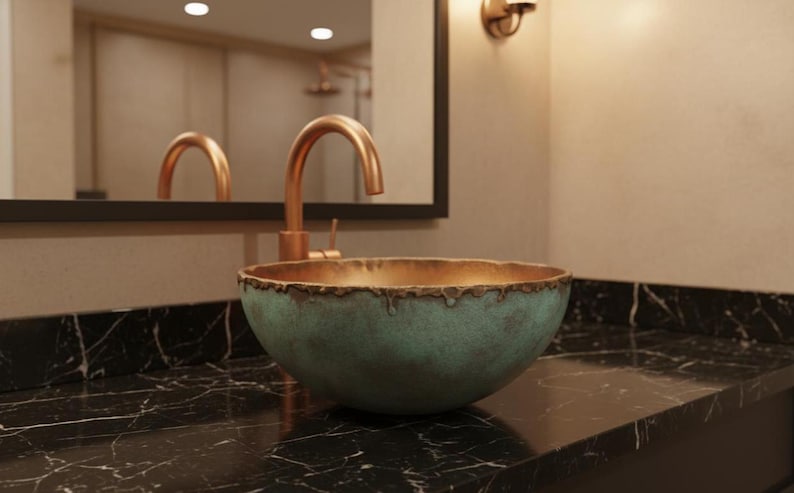 Verdigris Copper Vessel Sink with Gilded Interior