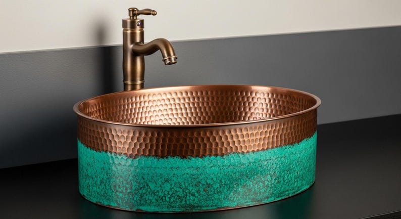 Oval Copper Sink with Emerald Verdigris