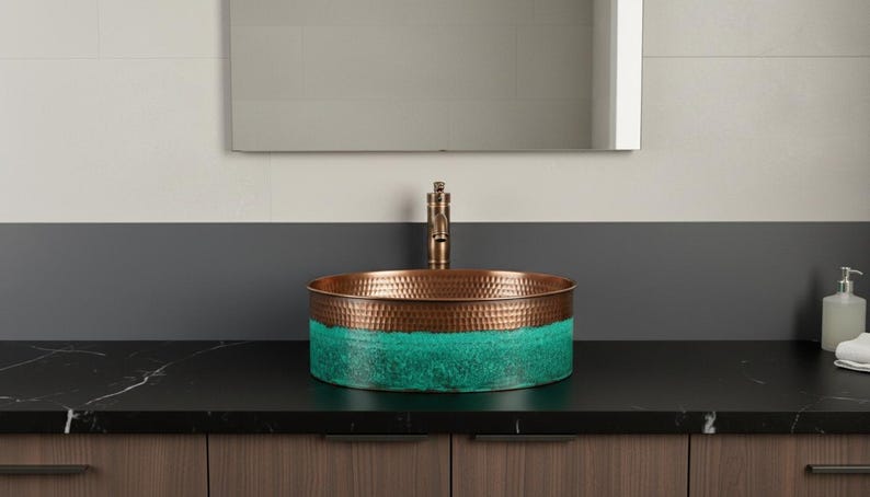 Oval Copper Sink with Emerald Verdigris