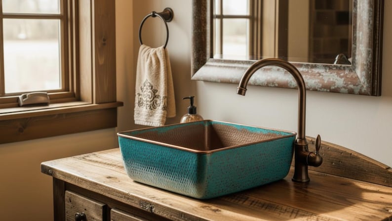 Aged Copper Vessel Sink with Verdigris Finish