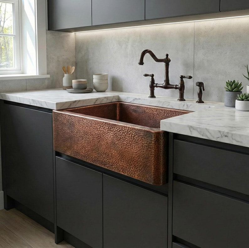 Hand-Hammered Antique Copper Apron-Front Sink