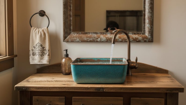 Aged Copper Vessel Sink with Verdigris Finish