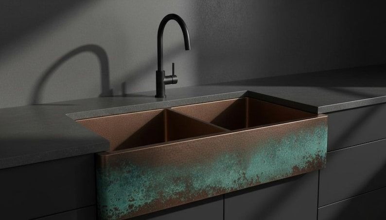 Hammered Copper Farmhouse Sink Double-Bowl