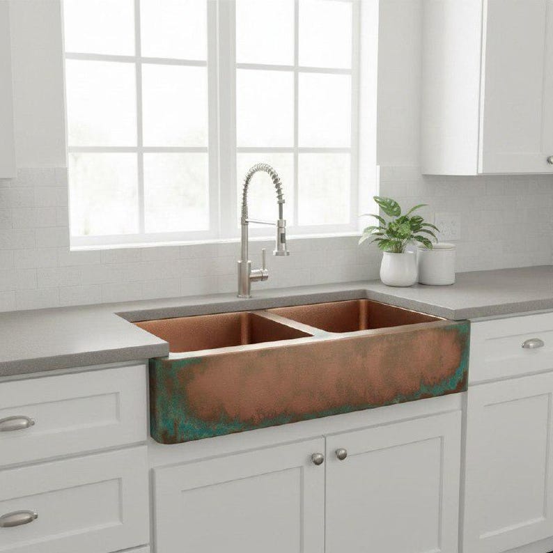 Hammered Copper Farmhouse Sink Double-Bowl Patina Finish