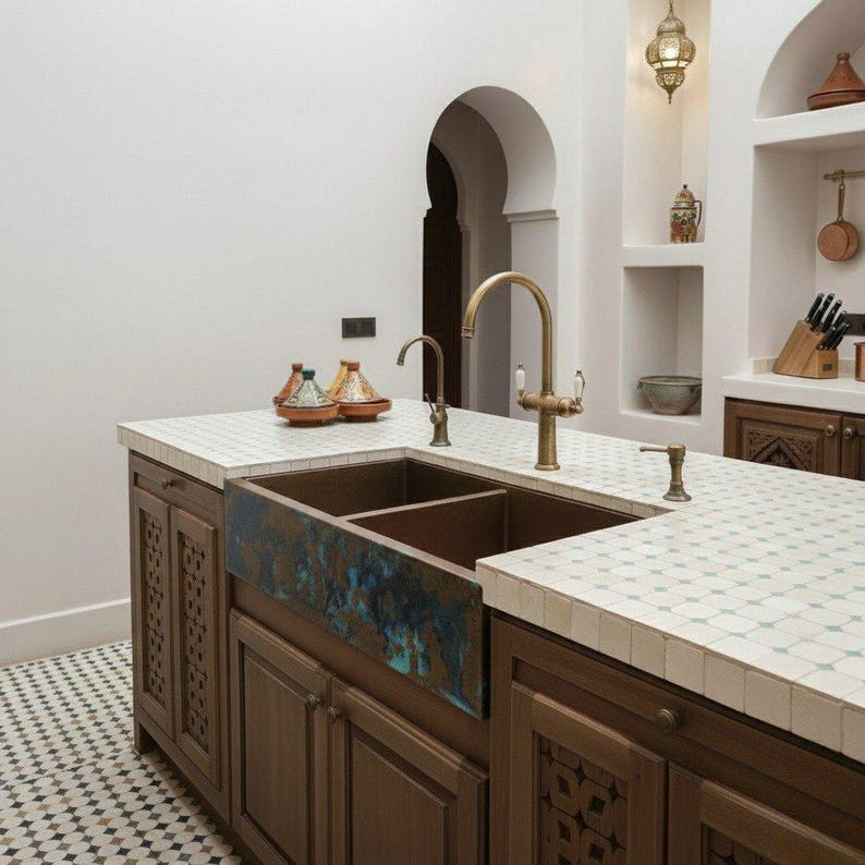 Double-Bowl Copper Farmhouse Sink with Blue Verdigris Apron