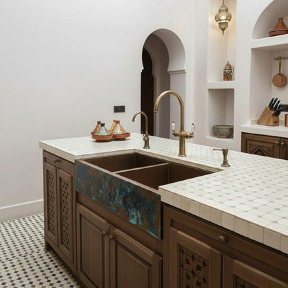 Double-Bowl Copper Farmhouse Sink with Blue Verdigris Apron