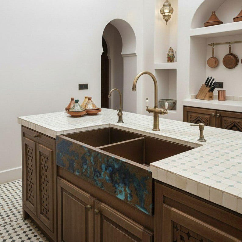Double-Bowl Copper Farmhouse Sink with Blue Verdigris Apron