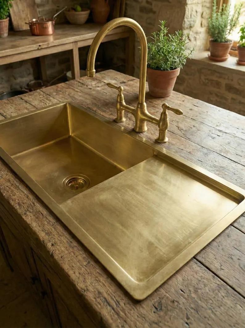Brass Kitchen Sink with Integrated Drainboard