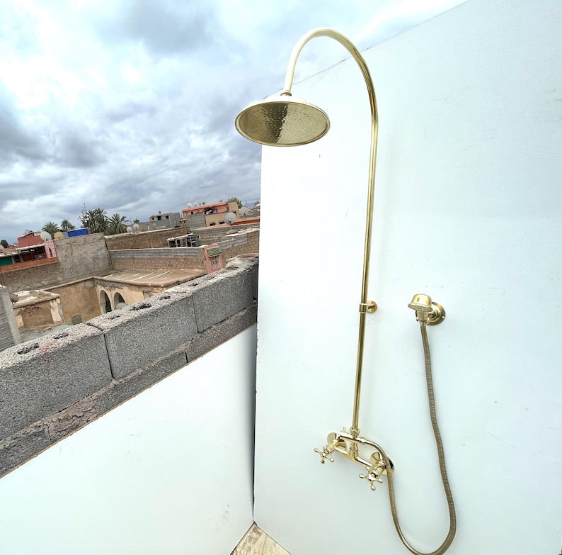 Luxury Unlacquered Brass Shower System – Exposed Wall-Mount