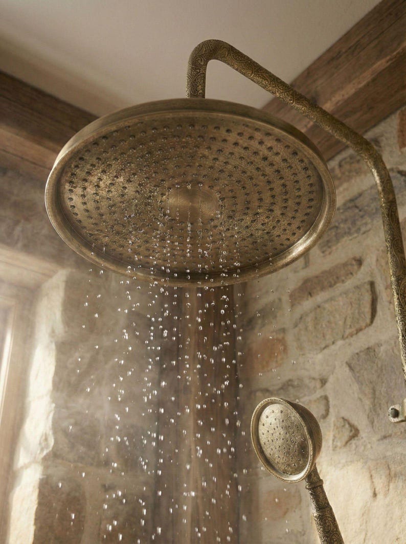 Exquisite Engraved Antique Brass Dual Shower System