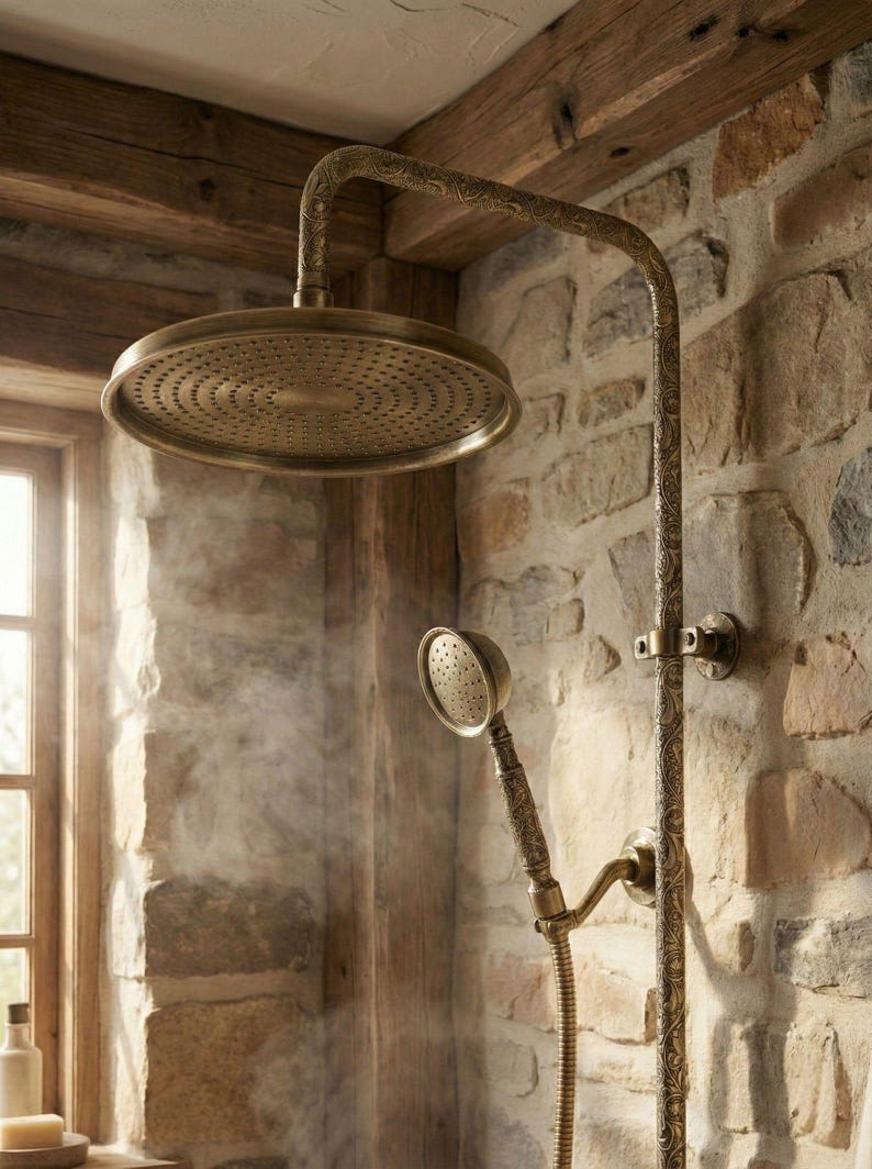 Exquisite Engraved Antique Brass Dual Shower System