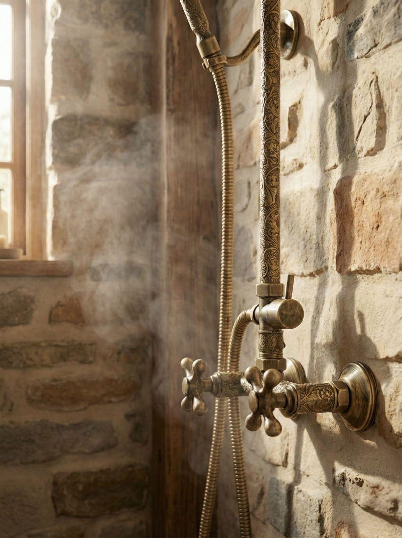 Exquisite Engraved Antique Brass Dual Shower System