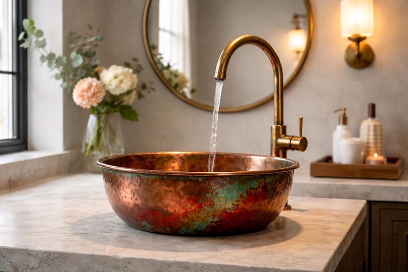Sunset Patina Hammered Copper Vessel Sink