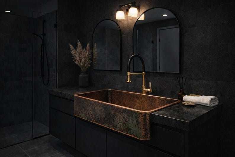 Hammered Copper Farmhouse Sink with Verdigris Patina