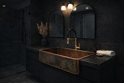 Hammered Copper Farmhouse Sink with Verdigris Patina