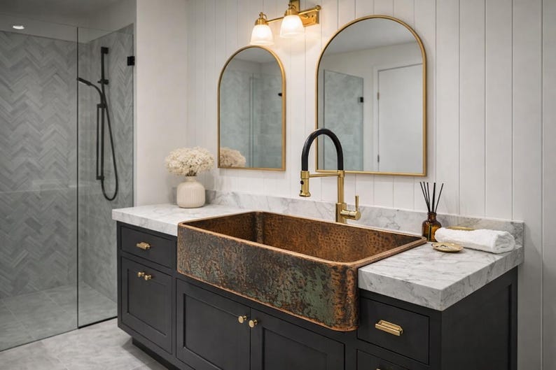 Hammered Copper Farmhouse Sink with Verdigris Patina
