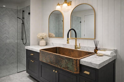 Hammered Copper Farmhouse Sink with Verdigris Patina