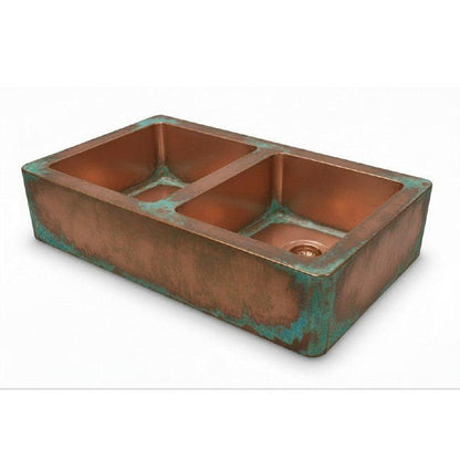 Hammered Copper Farmhouse Sink Double-Bowl Patina Finish