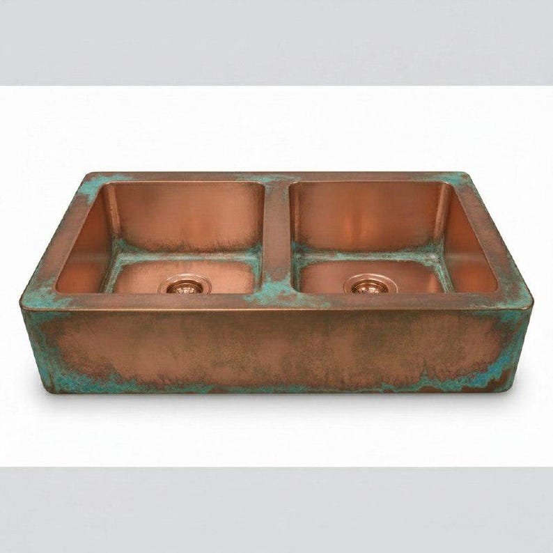 Hammered Copper Farmhouse Sink Double-Bowl Patina Finish