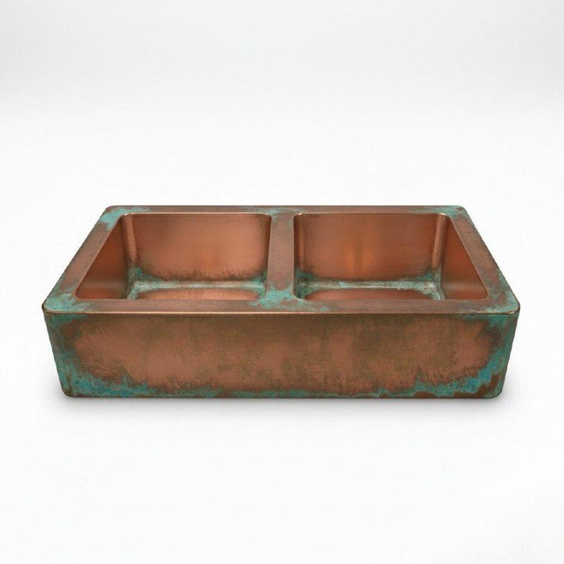 Hammered Copper Farmhouse Sink Double-Bowl Patina Finish