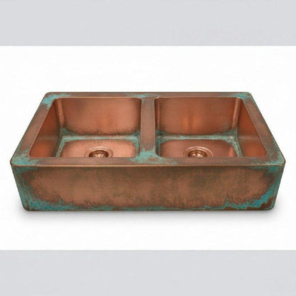 Hammered Copper Farmhouse Sink Double-Bowl Patina Finish