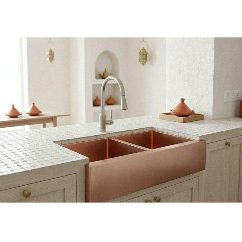 Solid Copper Farmhouse Sink – Double-Bowl