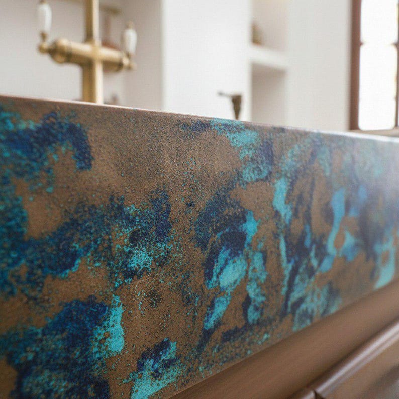 Double-Bowl Copper Farmhouse Sink with Blue Verdigris Apron