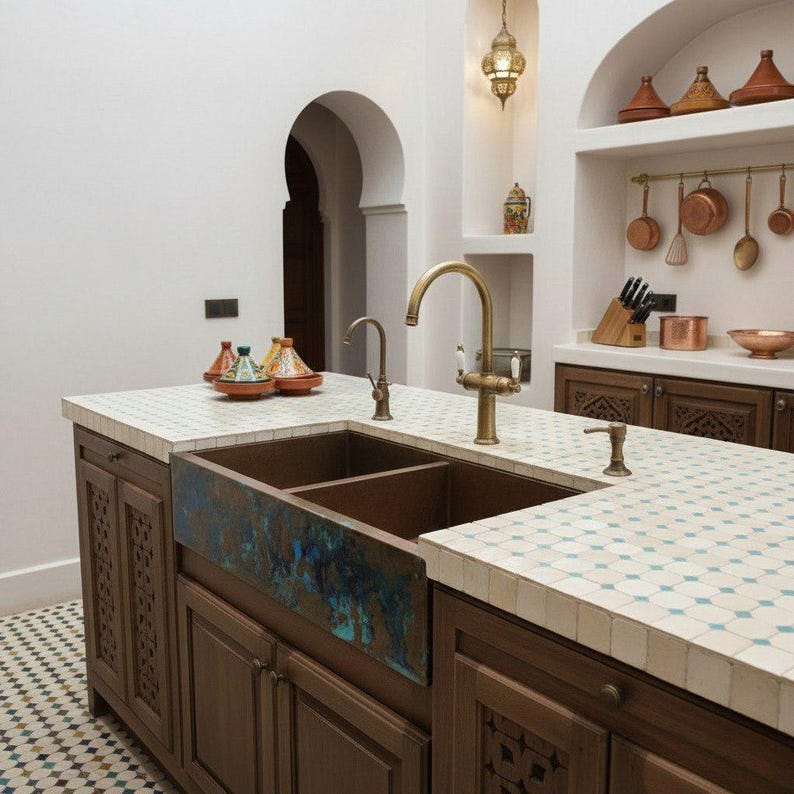 Double-Bowl Copper Farmhouse Sink with Blue Verdigris Apron