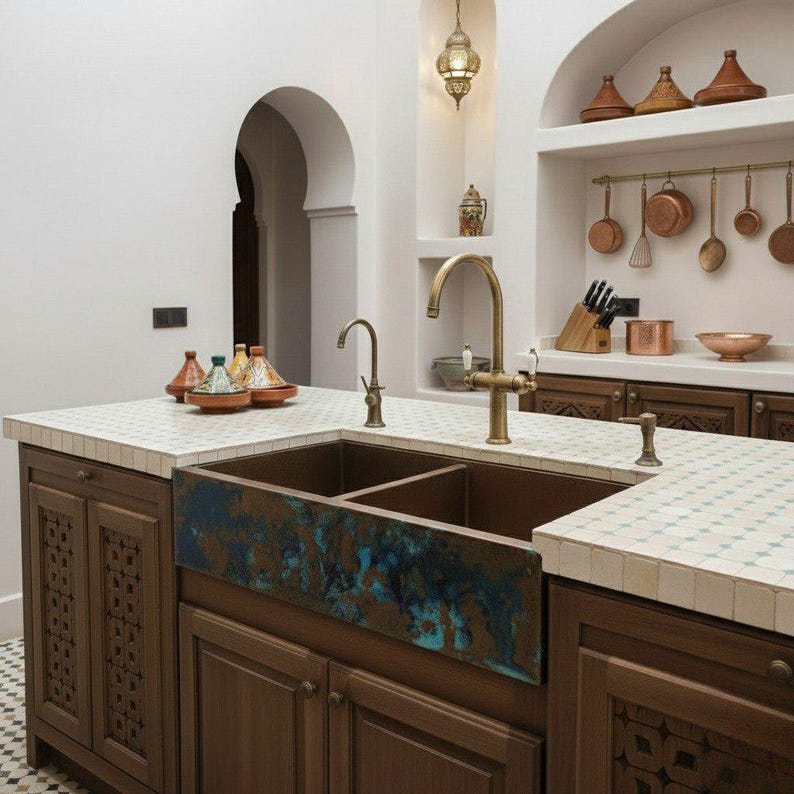 Double-Bowl Copper Farmhouse Sink with Blue Verdigris Apron