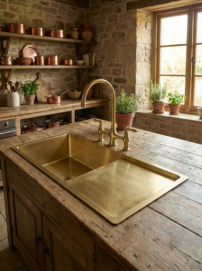 Brass Kitchen Sink with Integrated Drainboard