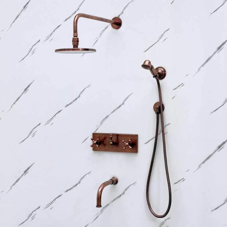 Exquisite Hand-Aged Copper Shower System with Handheld Sprayer