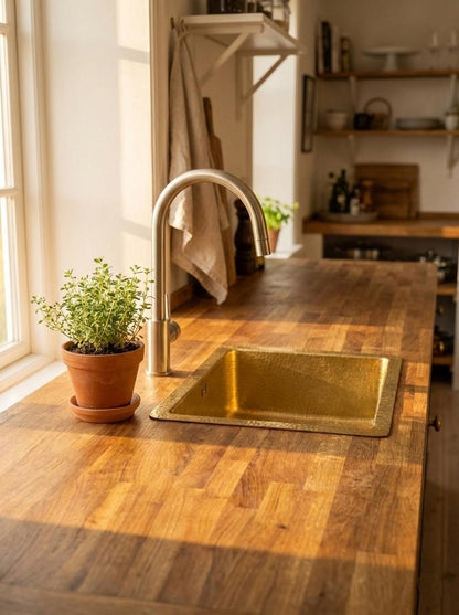 Hammered Unlacquered Brass Bar Sink Square Drop-In Basin