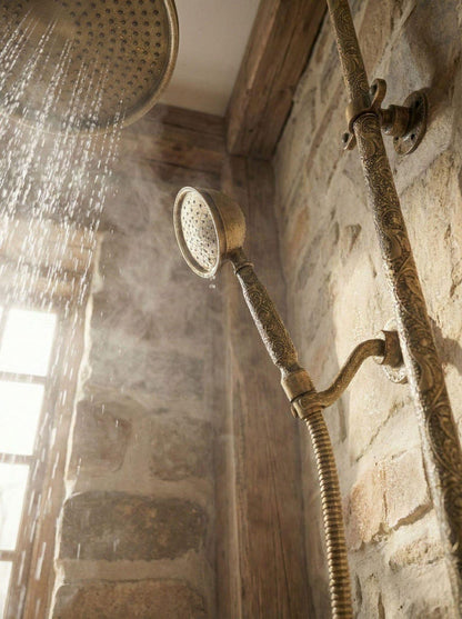 Exquisite Engraved Antique Brass Dual Shower System