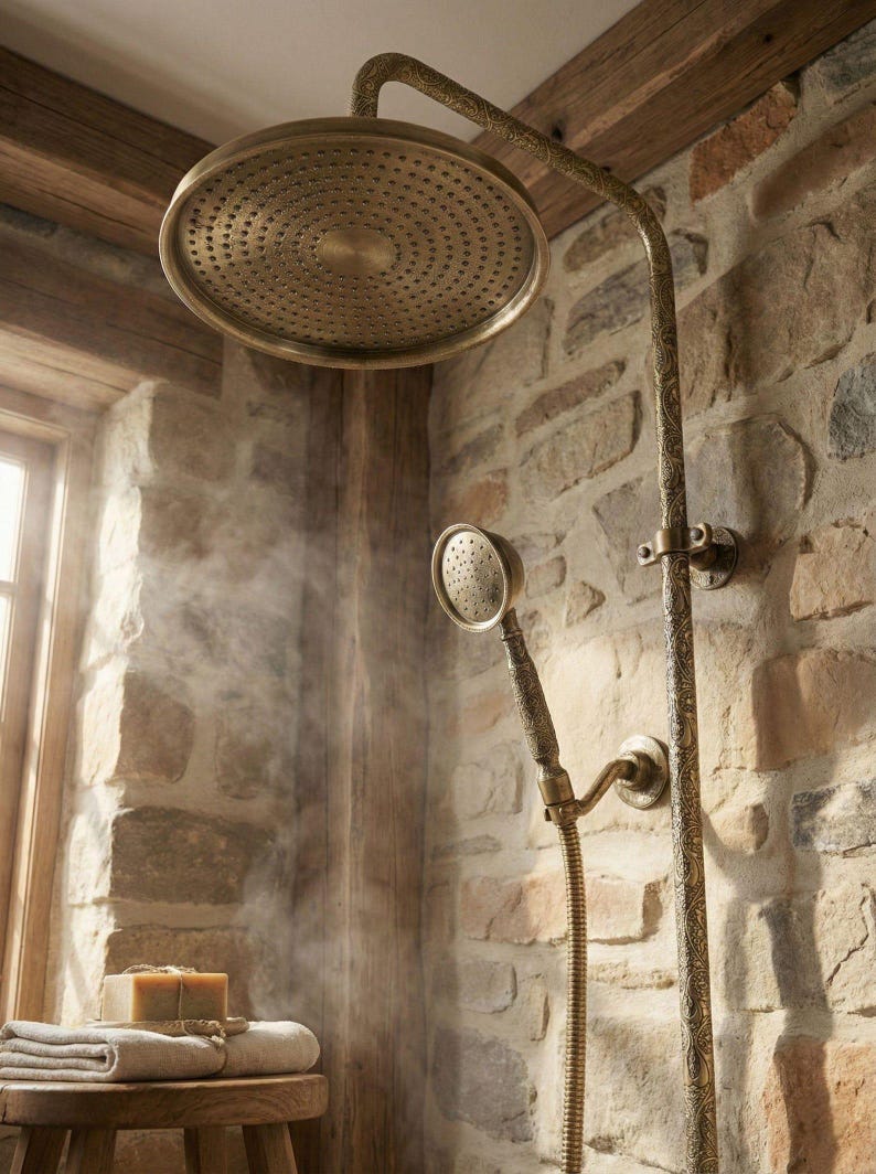 Exquisite Engraved Antique Brass Dual Shower System