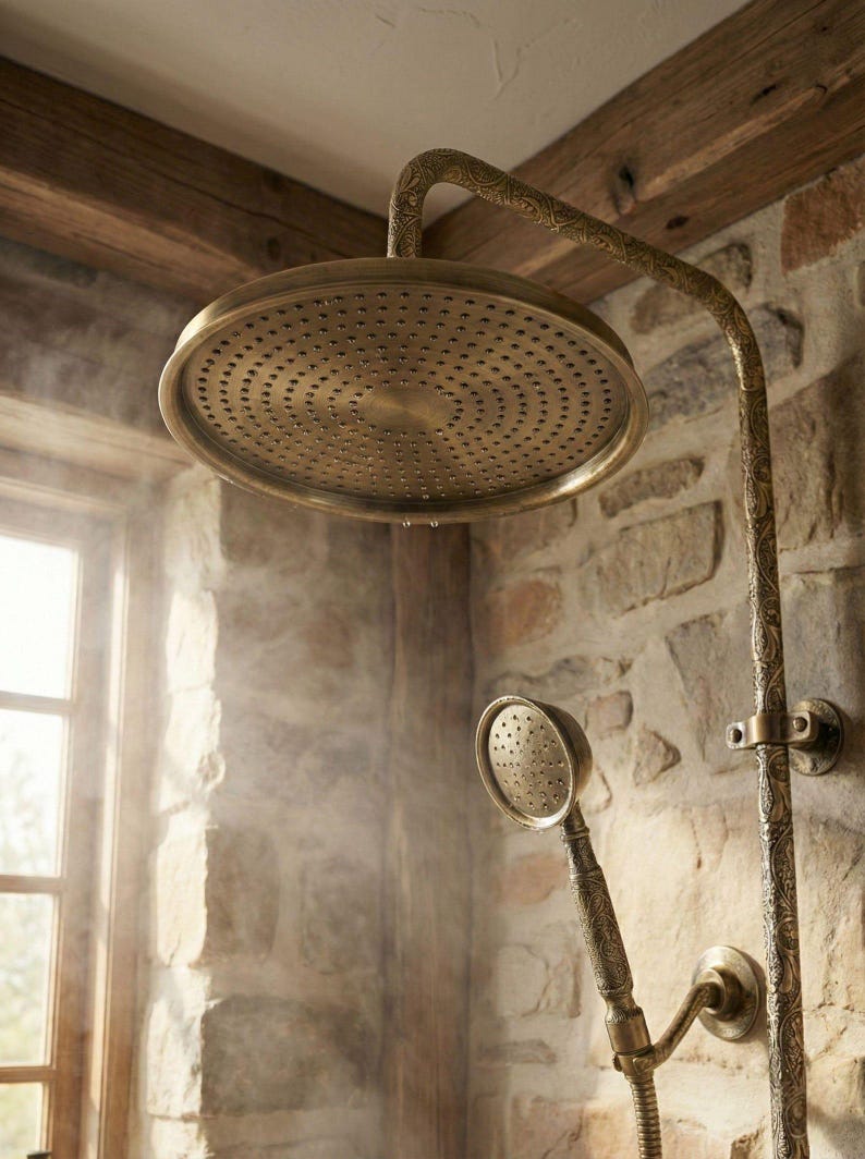 Exquisite Engraved Antique Brass Dual Shower System