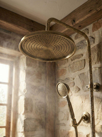 Exquisite Engraved Antique Brass Dual Shower System