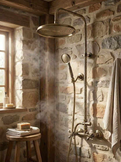 Exquisite Engraved Antique Brass Dual Shower System