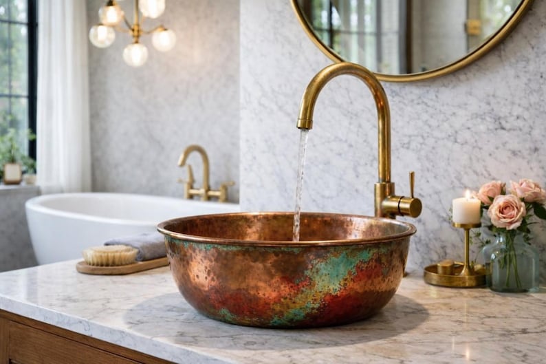 Sunset Patina Hammered Copper Vessel Sink