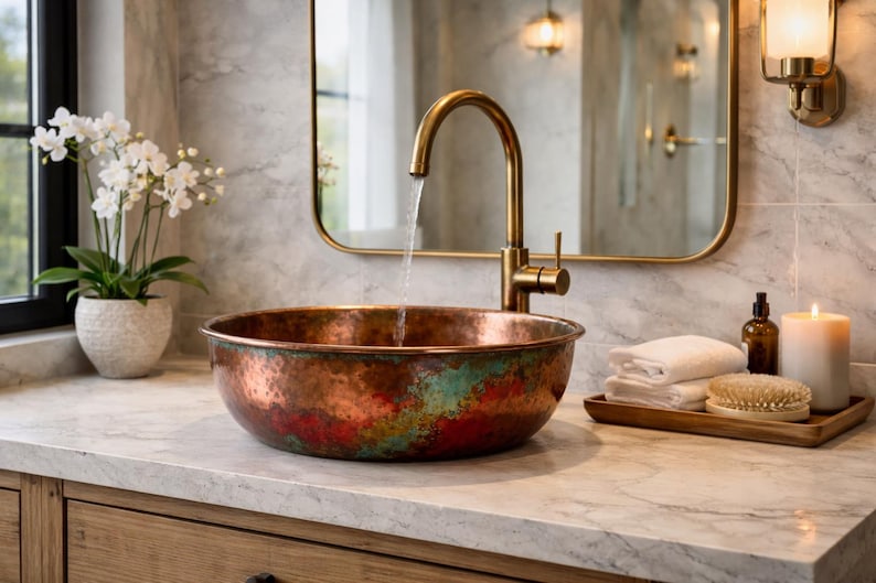 Sunset Patina Hammered Copper Vessel Sink