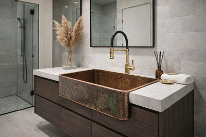 Hammered Copper Farmhouse Sink with Verdigris Patina